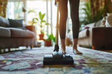 A dynamic image showcasing the action of vacuuming a patterned carpet in a homely, sun-kissed living space