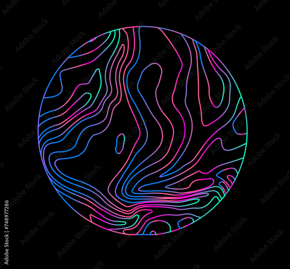 Poster Neon holographic circle with warped and glitched texture of lines. Template for modern logotype or print.