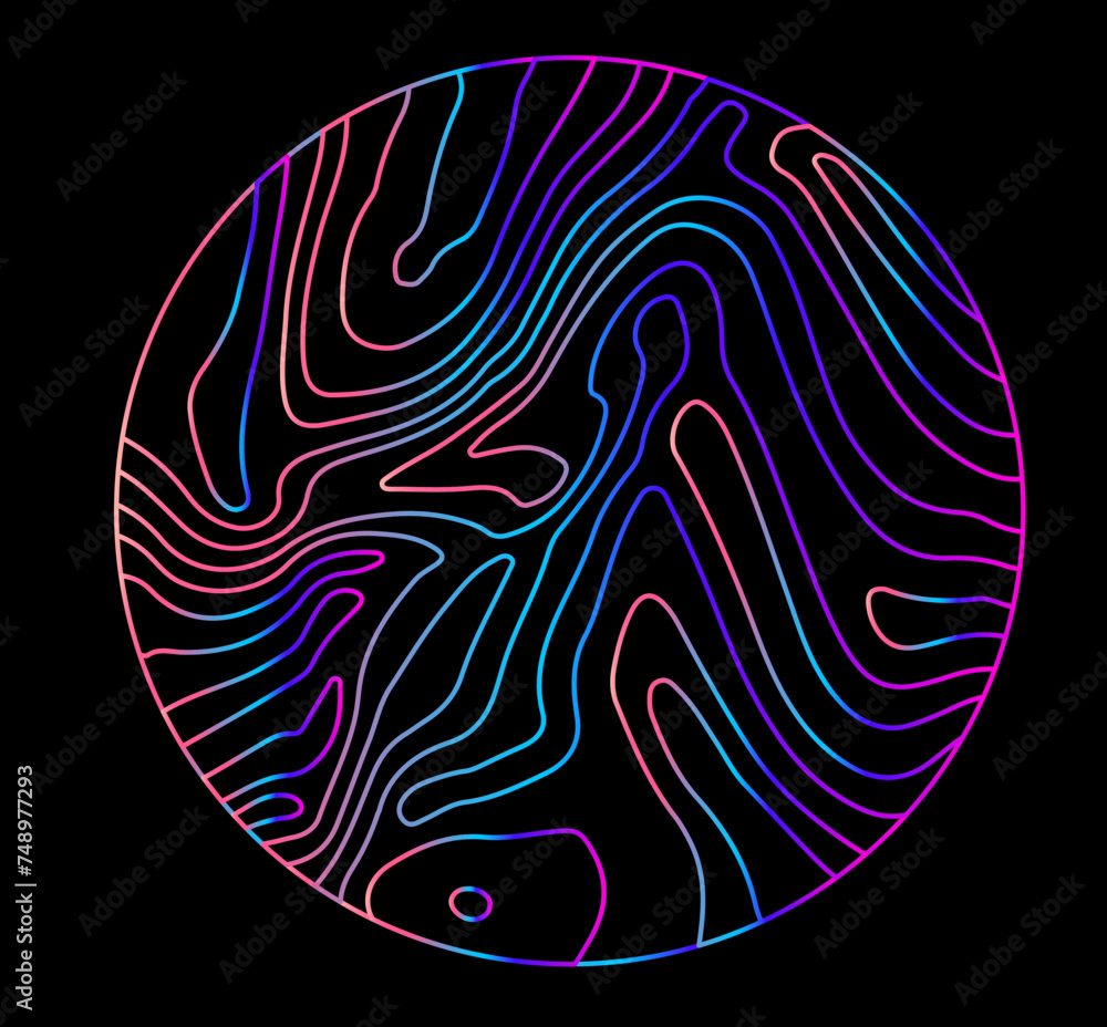 Poster Neon holographic circle with warped and glitched texture of lines. Template for modern logotype or print.