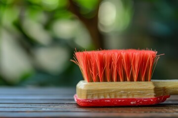 A close up of a red bristle brush on a wooden surface emphasizing tidiness and precision