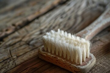 Detailed view of a well-used natural bristle brush lying on a rustic wooden background, symbolizing cleanliness and household chores - obrazy, fototapety, plakaty
