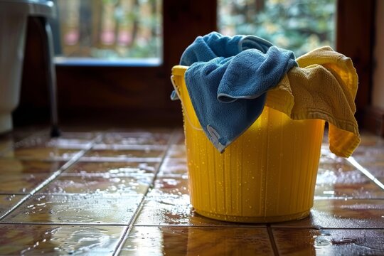 A yellow bucket overflowing with wet cloths on a tiled floor, representing house maintenance