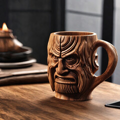 wooden carved mask mug  - obrazy, fototapety, plakaty
