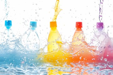 Vibrant composition with water splashing and colorful water bottles, evoking fun and refreshing...