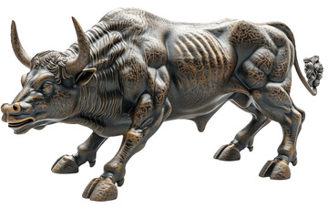 Fototapeta premium bronze bull sculpture in motion isolated on transparent background, for business previews, forex bull graphs