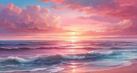Naklejka na ściany i meble Craft a detailed image of a cute pink ocean during the magical moments of sunrise or sunset. Showcase the vibrant pink hues in the sky, with the clouds casting soft, warm reflections-AI Generative