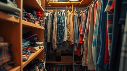 Disorder in a wardrobe room,variety of men's clothing, from shirts to jackets, neatly hung and folded, indicating personal style and organization.