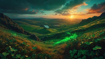 Background of green clover and mountain landscape for St. Patrick's Day. Patrick Day Banner.