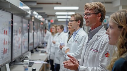 Scientists in a lab building are studying data on a computer screen