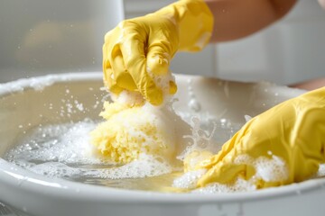 Thorough cleaning of inside toilet bowl with foamy sponge by hands in yellow gloves; sanitation - obrazy, fototapety, plakaty