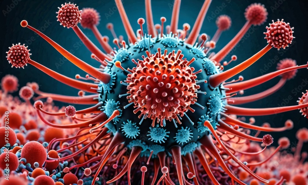 Poster a digitally created image showcasing an array of spherical viral particles with protruding spike pro