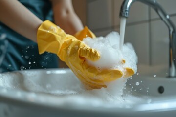 Protective yellow-gloved hands wringing out a sponge in the sink surrounded by soap suds and water