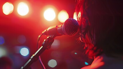 Male soloist with microphone in hand on stage in soft spotlight. Man singing karaoke. Illustration for cover, card, postcard, interior design, poster, brochure, advertising, marketing or presentation. - obrazy, fototapety, plakaty