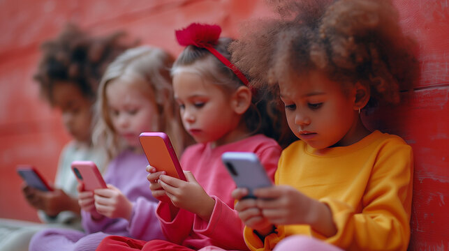 Multicultural preteens immersed in smartphones, symbolizing digital connectivity