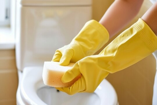 Image shows person wearing yellow gloves cleaning a toilet bowl with a sponge, focus on hygiene and cleanliness