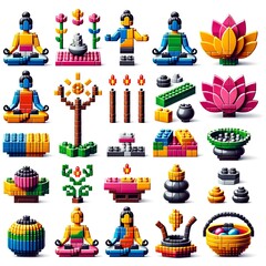 Yoga and meditation icons made from lego blocks - obrazy, fototapety, plakaty