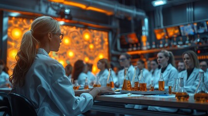 a woman in a lab coat is sitting at a table in front of a group of people