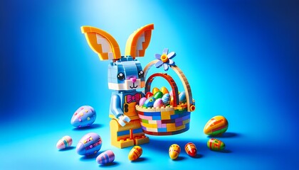 Easter Bunny Made from Lego blocks with easter eggs basket.