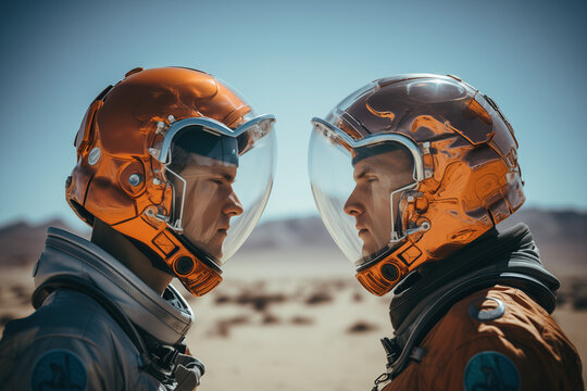  Two Astronauts In Spacesuits Are Facing Each Other In The Desert. Generative AI