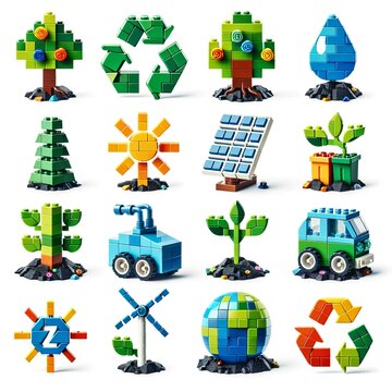 A set of ecology icons made from LEGO blocks. These icons represent various environmental and trees