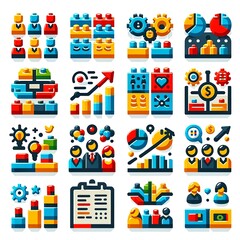LEGO Business Icons Collection. Icons shows graphics, money and banks, profit, loss.