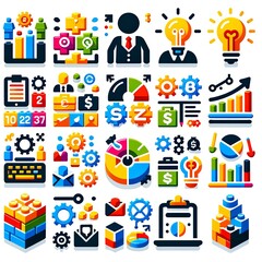 LEGO Business Icons Collection. Icons shows graphics, money and banks, profit, loss. - obrazy, fototapety, plakaty