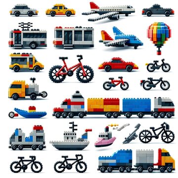 Lego style travel transport icon set.