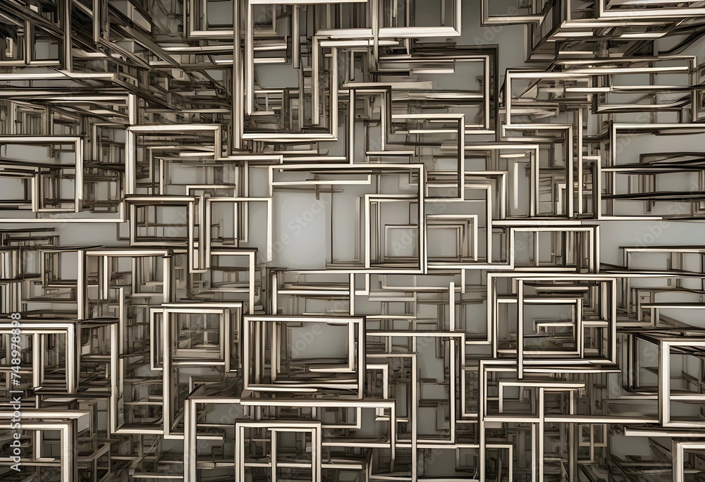 Poster abstract 3d maze of metallic rectangular frames to further creative work