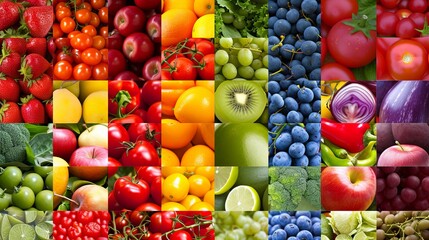 A collage of colorful vegetables, fruits and berries. Organic plant products for a healthy diet. Illustration for cover, card, poster, brochure, advertising, marketing or presentation. - obrazy, fototapety, plakaty