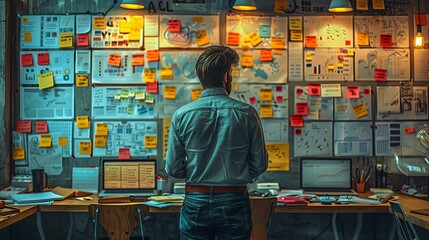 A man is standing in front of a wall covered in sticky notes - obrazy, fototapety, plakaty