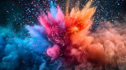 Vibrant burst of colored powder on abstract background like a rainbow explosion. Concept Colorful powder explosion, Rainbow burst, Vibrant abstract background, Color explosion photography
