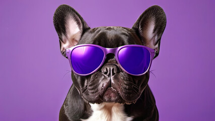 Black French bulldog. dog wearing sunglasses on purple background