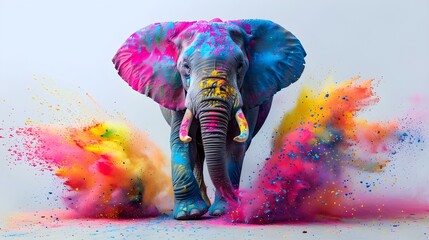 Festive elephant covered in bright Holi paint powder against white background. Concept Festive Elephants, Holi Paint Powder, Bright Colors, White Background, Celebration