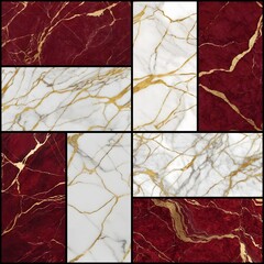 Red and white marble with gold veins wall tile mosaic composition sample, horizontal and vertical rectangles, checkered