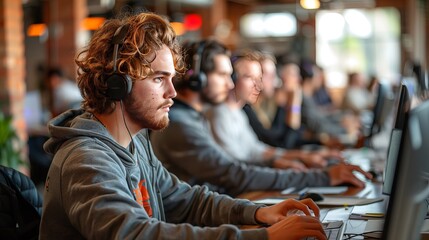 a man wearing headphones is sitting in front of a computer - obrazy, fototapety, plakaty