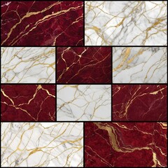 Red and white marble with gold veins wall tile mosaic composition sample, double checkered 