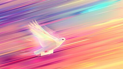 White carrier pigeon flying through the sky and carrying a letter in its paws. Concept of speed pigeon mail. Design for cover, postcard, postcard, interior design, poster, brochure or presentation.