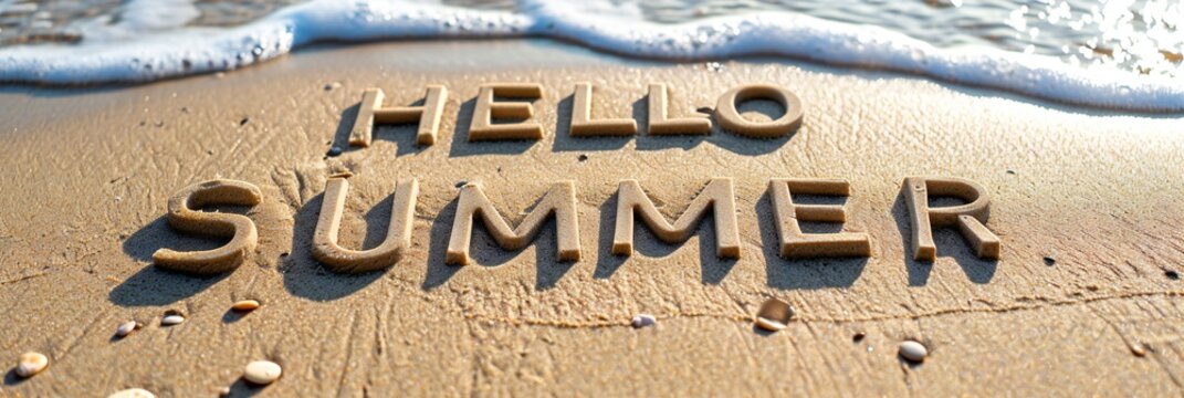 Text hello summer on the golden beach. Hot summer and relaxing concept. Panoramic