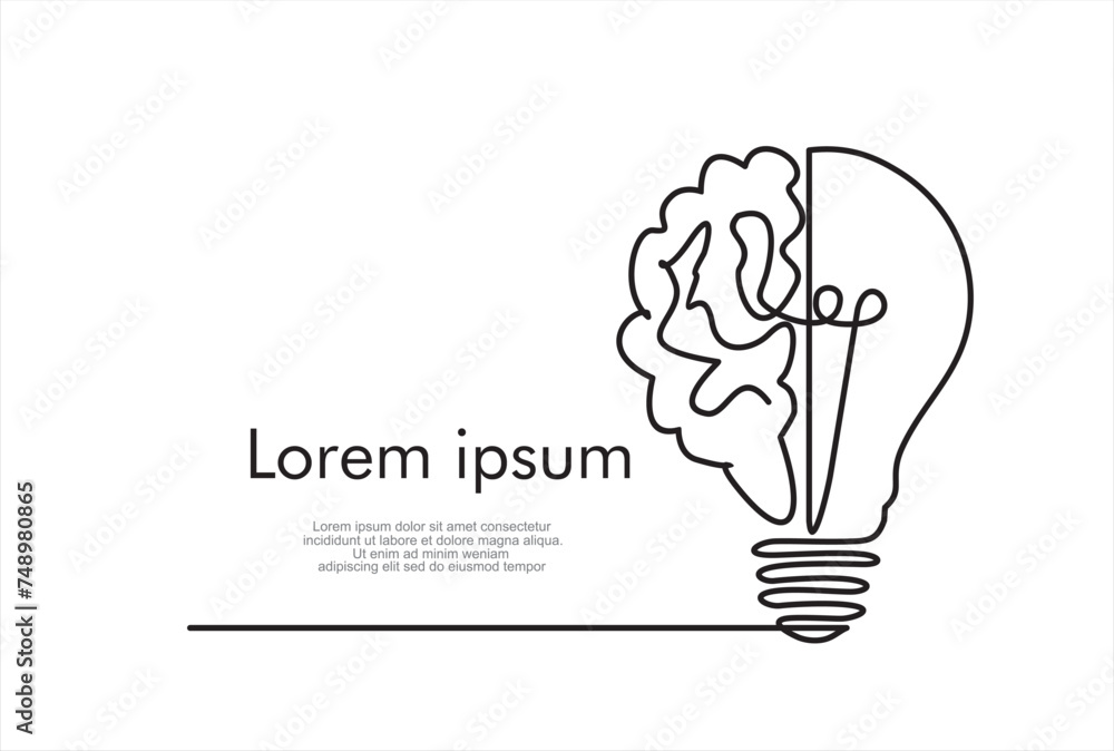 Poster single continuous line drawing of light bulb with human brain. creative brain idea concept with ligh