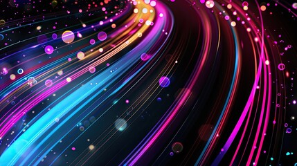  An abstract composition of luminous, flowing lines creates an illusion of digital waves across a dark backdrop, punctuated by translucent orbs floating gently above