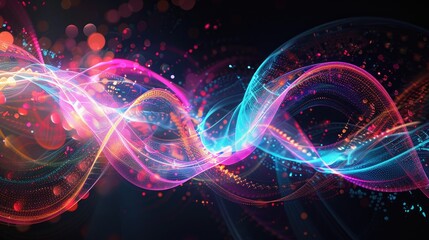  An abstract composition of luminous, flowing lines creates an illusion of digital waves across a dark backdrop, punctuated by translucent orbs floating gently above