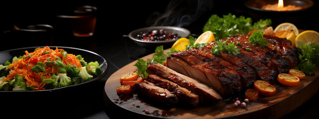 Fototapeta premium Ingredients for a delicious meal meat and vegetables on a wooden cutting board