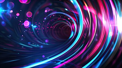  An abstract composition of luminous, flowing lines creates an illusion of digital waves across a dark backdrop, punctuated by translucent orbs floating gently above