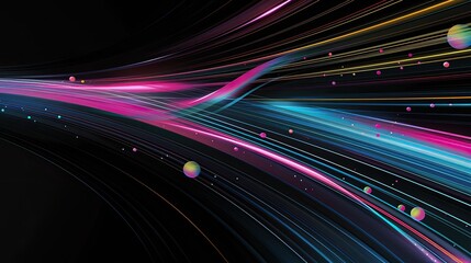  An abstract composition of luminous, flowing lines creates an illusion of digital waves across a dark backdrop, punctuated by translucent orbs floating gently above