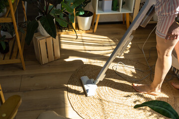 A woman vacuums a round carpet in a house among house plants with a hand vacuum cleaner. General...