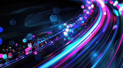  An abstract composition of luminous, flowing lines creates an illusion of digital waves across a dark backdrop, punctuated by translucent orbs floating gently above