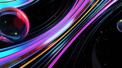  An abstract composition of luminous, flowing lines creates an illusion of digital waves across a dark backdrop, punctuated by translucent orbs floating gently above