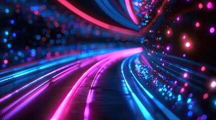  An abstract composition of luminous, flowing lines creates an illusion of digital waves across a dark backdrop, punctuated by translucent orbs floating gently above