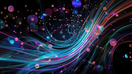  An abstract composition of luminous, flowing lines creates an illusion of digital waves across a dark backdrop, punctuated by translucent orbs floating gently above