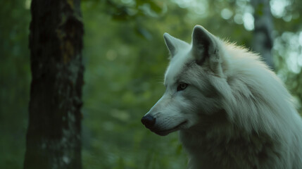Lindo lobo branco espreitando ao entardecer na floresta - Papel de parede